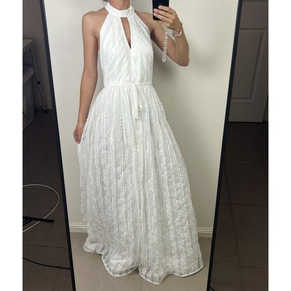 Monique Lhuillier White Lace Formal Gown Wedding Dress Keyhole Halter Size 8 - Picture 6 of 16